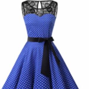 New. Blue and white polka dot and black dress.
